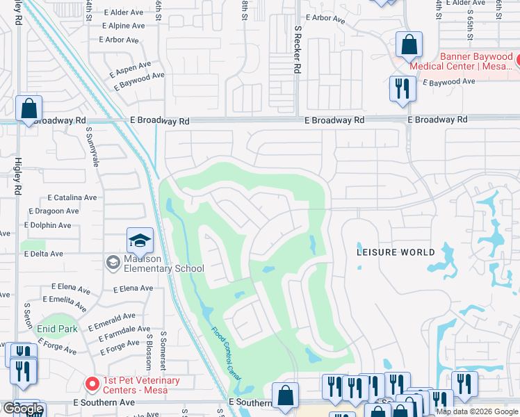 map of restaurants, bars, coffee shops, grocery stores, and more near 2063 Leisure World in Mesa