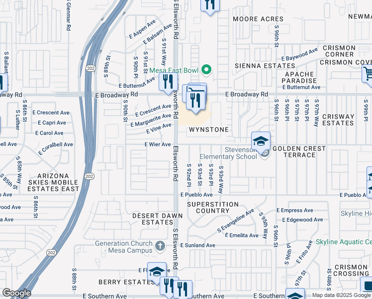 map of restaurants, bars, coffee shops, grocery stores, and more near 619 South 92nd Place in Mesa