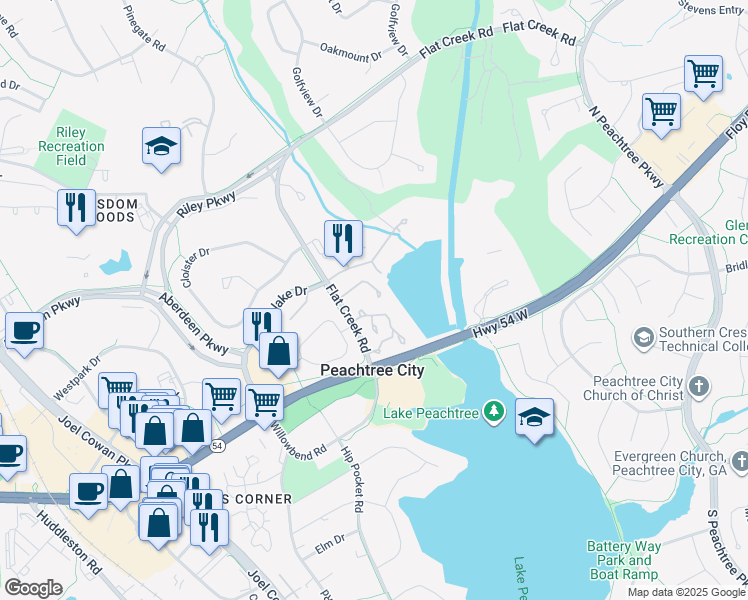 map of restaurants, bars, coffee shops, grocery stores, and more near 203 Ridgelake Drive in Peachtree City