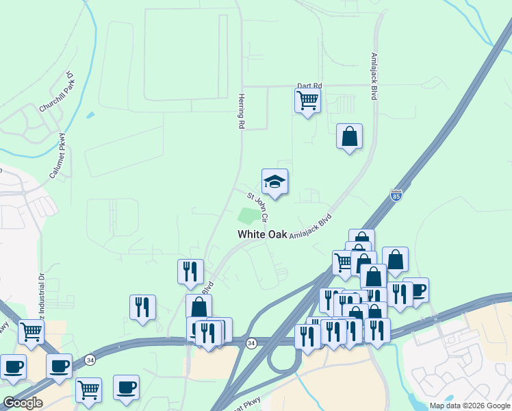 map of restaurants, bars, coffee shops, grocery stores, and more near 13 St John Cir in Newnan