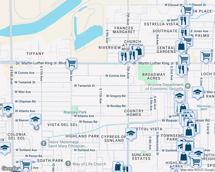 map of restaurants, bars, coffee shops, grocery stores, and more near 915 West Tamarisk Street in Phoenix