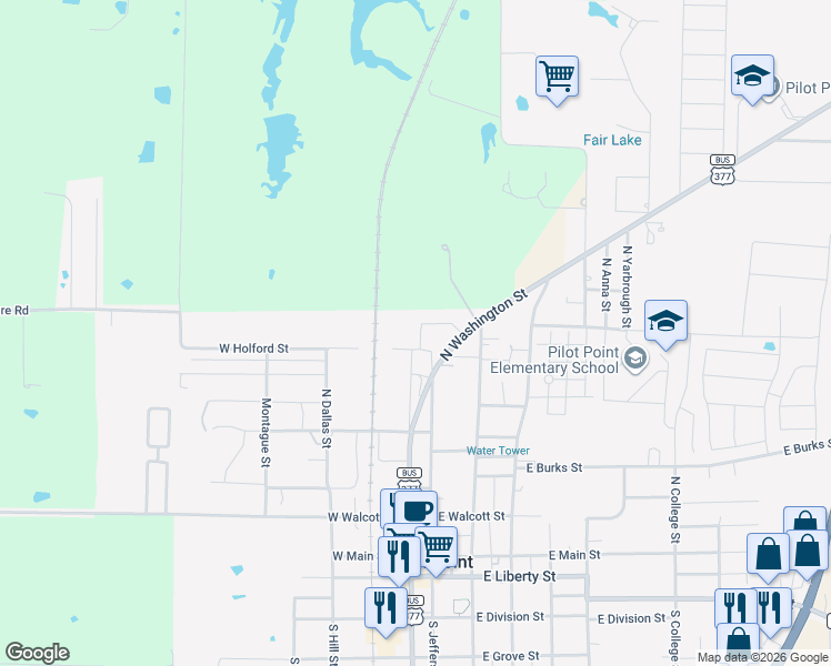 map of restaurants, bars, coffee shops, grocery stores, and more near 800 Dover Street in Pilot Point