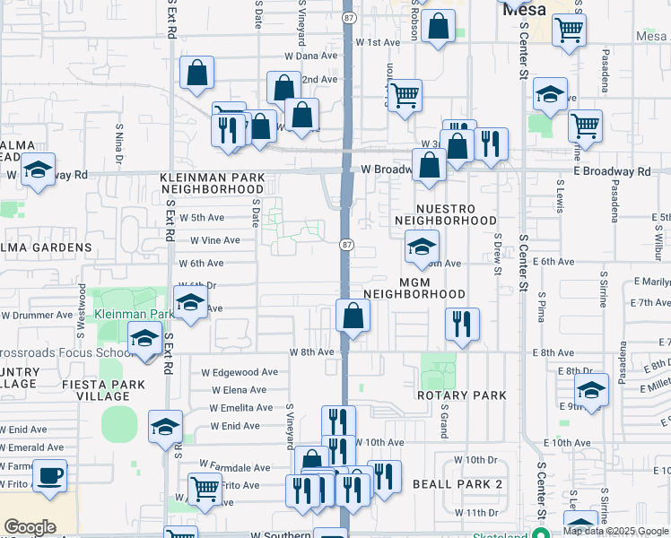 map of restaurants, bars, coffee shops, grocery stores, and more near 623 South Country Club Drive in Mesa