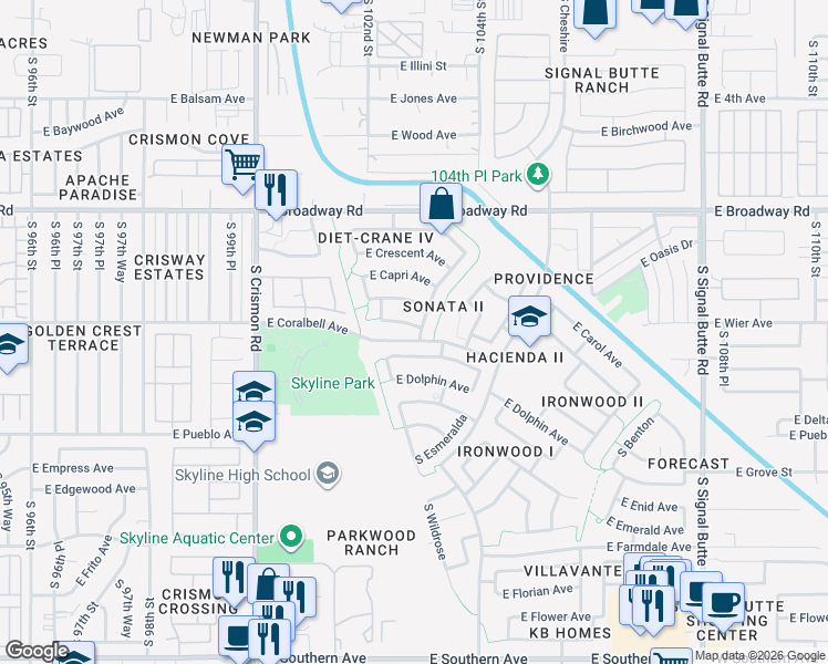map of restaurants, bars, coffee shops, grocery stores, and more near 10263 East Carmel Avenue in Mesa