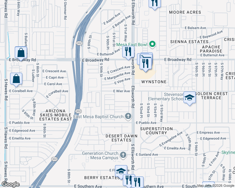 map of restaurants, bars, coffee shops, grocery stores, and more near 612 South Ellsworth Road in Mesa