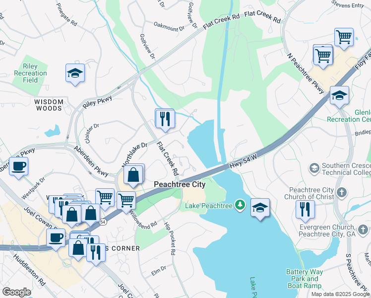 map of restaurants, bars, coffee shops, grocery stores, and more near 307 Ridgelake Drive in Peachtree City