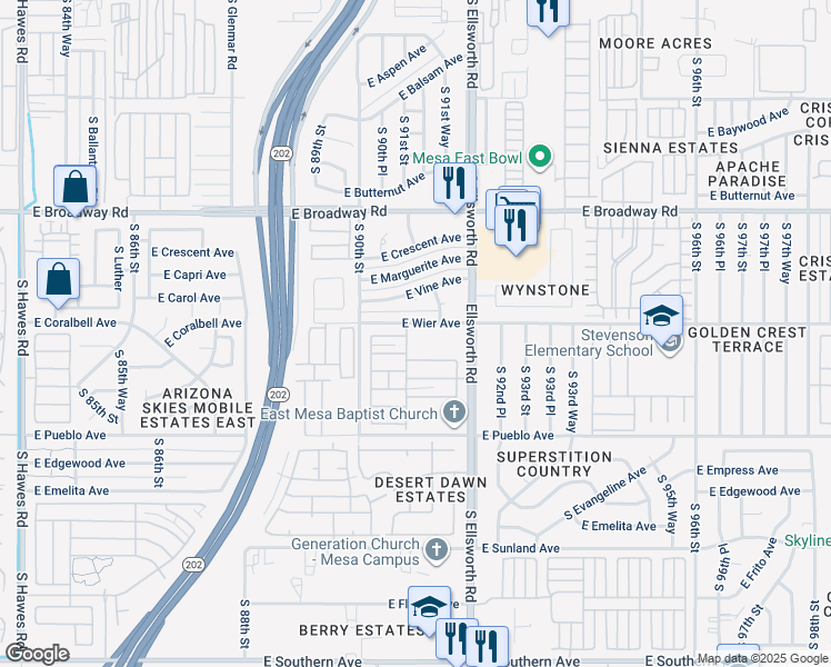 map of restaurants, bars, coffee shops, grocery stores, and more near in Mesa