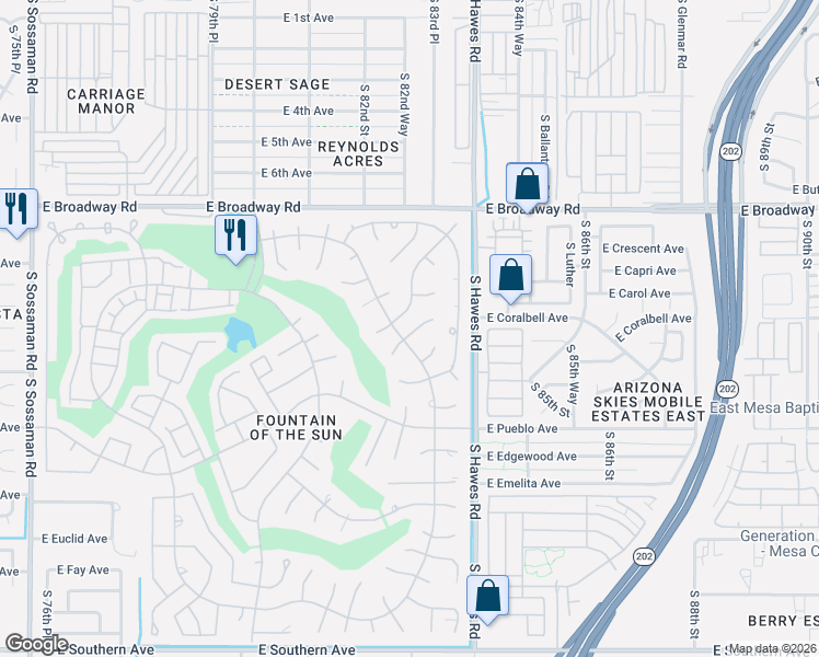 map of restaurants, bars, coffee shops, grocery stores, and more near 8251 East Dutchman Drive in Mesa