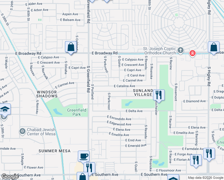 map of restaurants, bars, coffee shops, grocery stores, and more near 4531 East Dragoon Avenue in Mesa