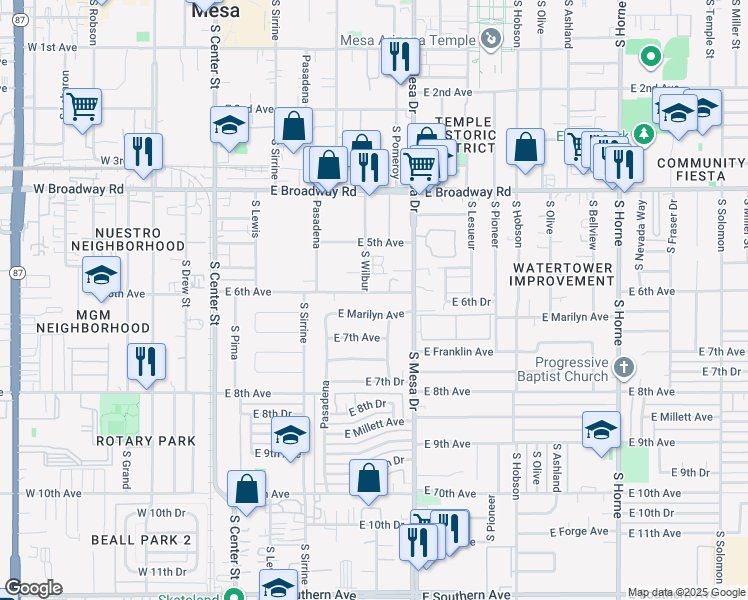 map of restaurants, bars, coffee shops, grocery stores, and more near 302 East Marilyn Avenue in Mesa