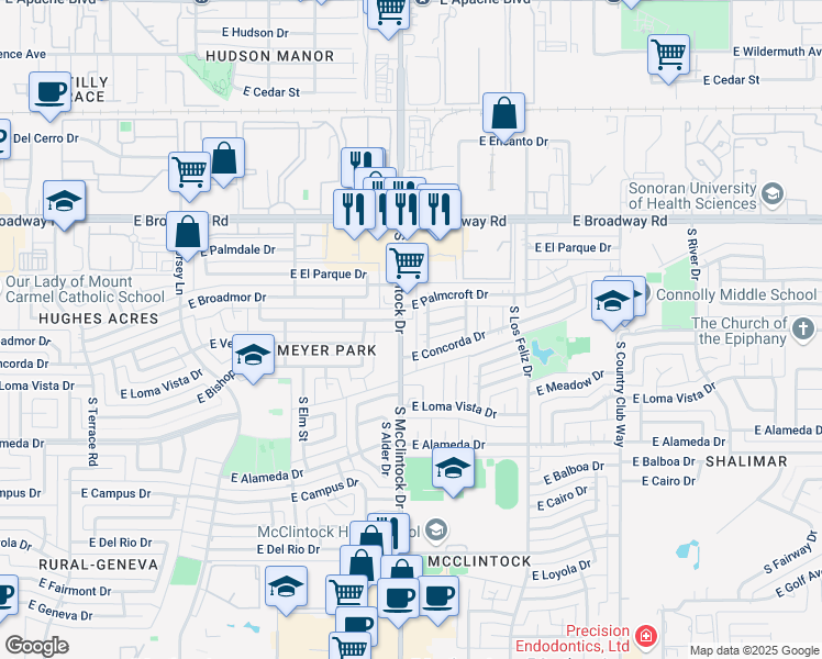 map of restaurants, bars, coffee shops, grocery stores, and more near 2340 South McClintock Drive in Tempe