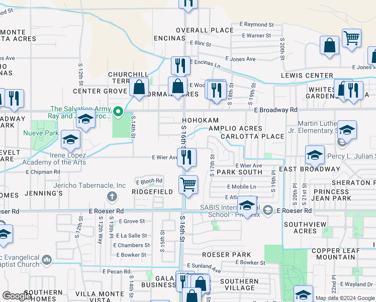 map of restaurants, bars, coffee shops, grocery stores, and more near 1610 East Wier Avenue in Phoenix