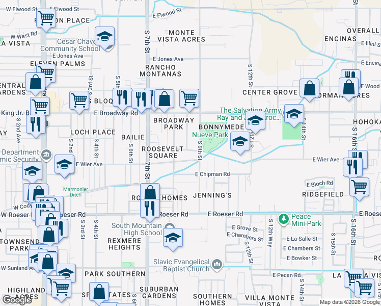 map of restaurants, bars, coffee shops, grocery stores, and more near 846 East Wier Avenue in Phoenix