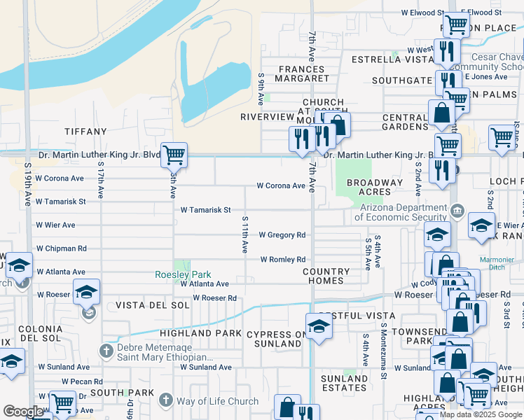 map of restaurants, bars, coffee shops, grocery stores, and more near 915 West Tamarisk Street in Phoenix
