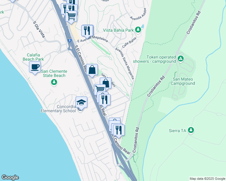map of restaurants, bars, coffee shops, grocery stores, and more near 126 Avenida San Dimas in San Clemente