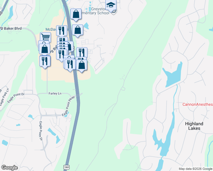 map of restaurants, bars, coffee shops, grocery stores, and more near 239 Highland View Drive in Birmingham