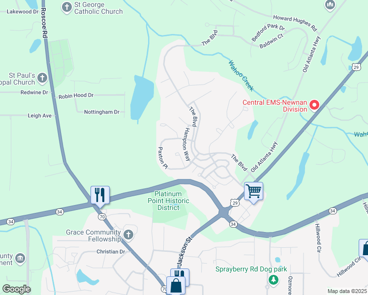map of restaurants, bars, coffee shops, grocery stores, and more near Hampton Way in Newnan
