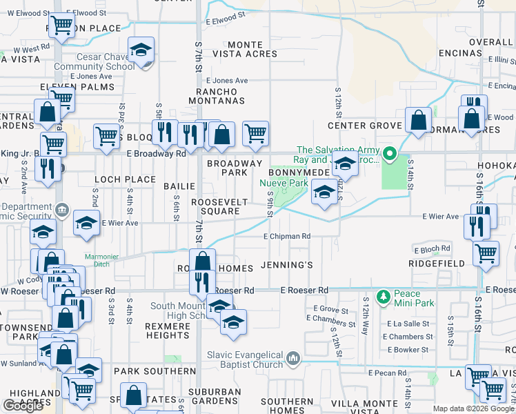 map of restaurants, bars, coffee shops, grocery stores, and more near 846 East Wier Avenue in Phoenix