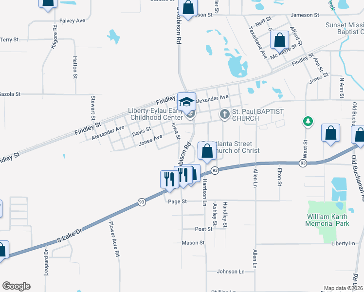 map of restaurants, bars, coffee shops, grocery stores, and more near 1718 South Robison Road in Texarkana