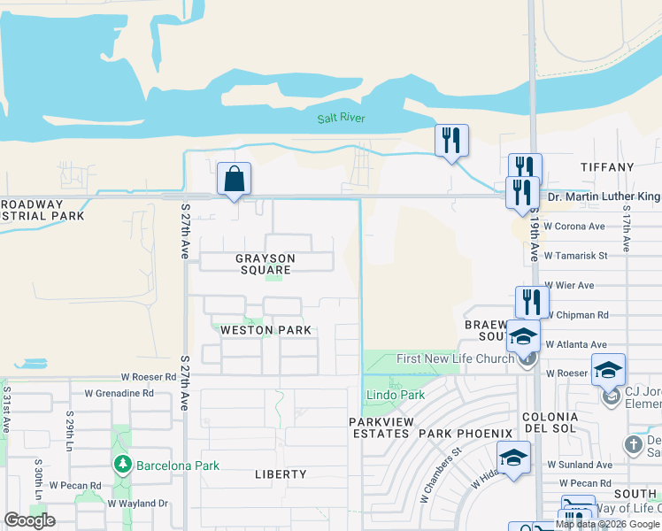 map of restaurants, bars, coffee shops, grocery stores, and more near 2411 West Gaby Road in Phoenix