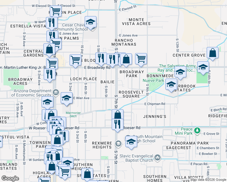 map of restaurants, bars, coffee shops, grocery stores, and more near 4636 South 7th Street in Phoenix