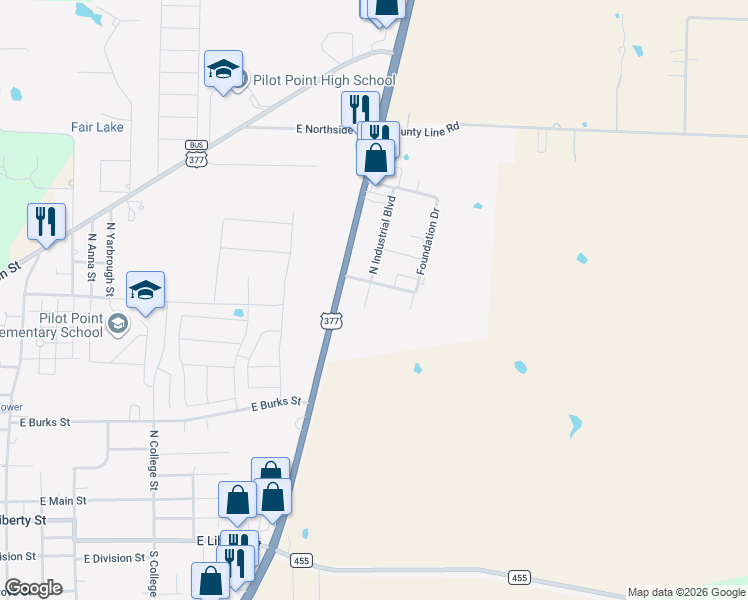 map of restaurants, bars, coffee shops, grocery stores, and more near 901 East McDonald Drive in Pilot Point