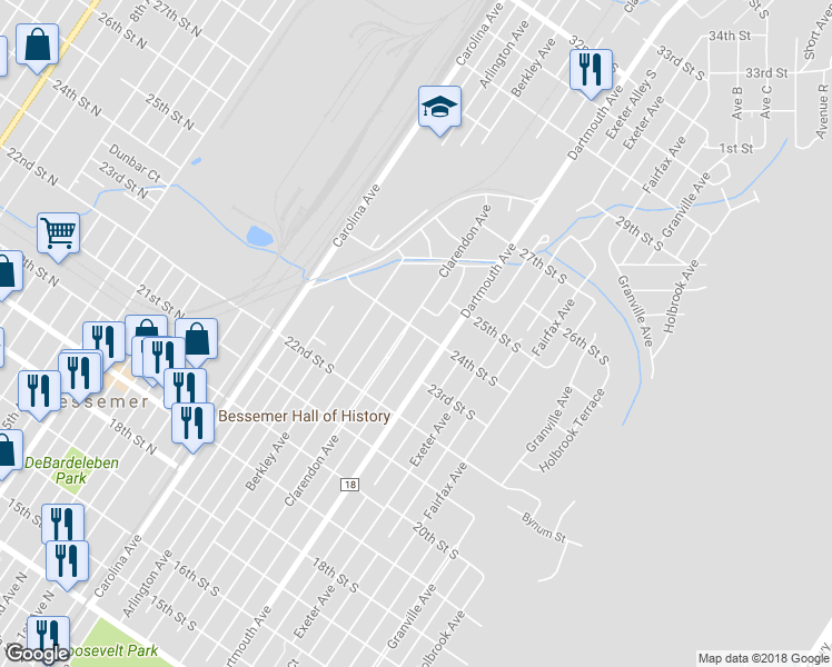 map of restaurants, bars, coffee shops, grocery stores, and more near 2326 Dartmouth Avenue in Bessemer