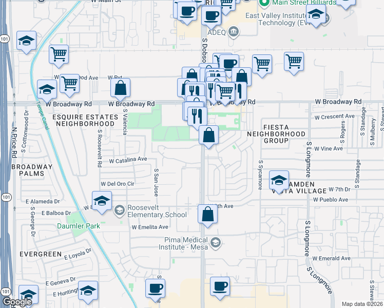 map of restaurants, bars, coffee shops, grocery stores, and more near 600 South Dobson Road in Mesa