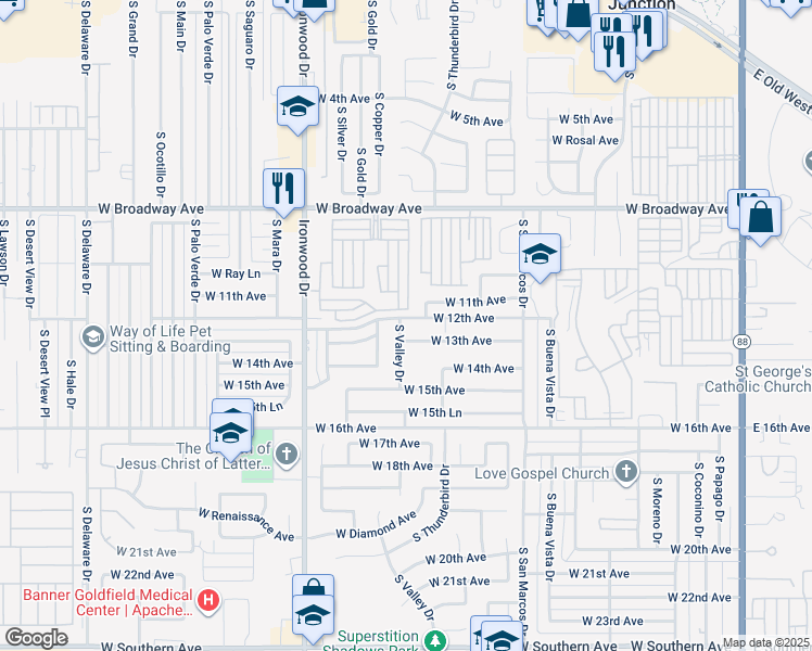 map of restaurants, bars, coffee shops, grocery stores, and more near 1243 West 12th Avenue in Apache Junction