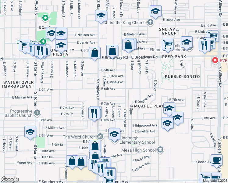 map of restaurants, bars, coffee shops, grocery stores, and more near 1326 East Marilyn Avenue in Mesa