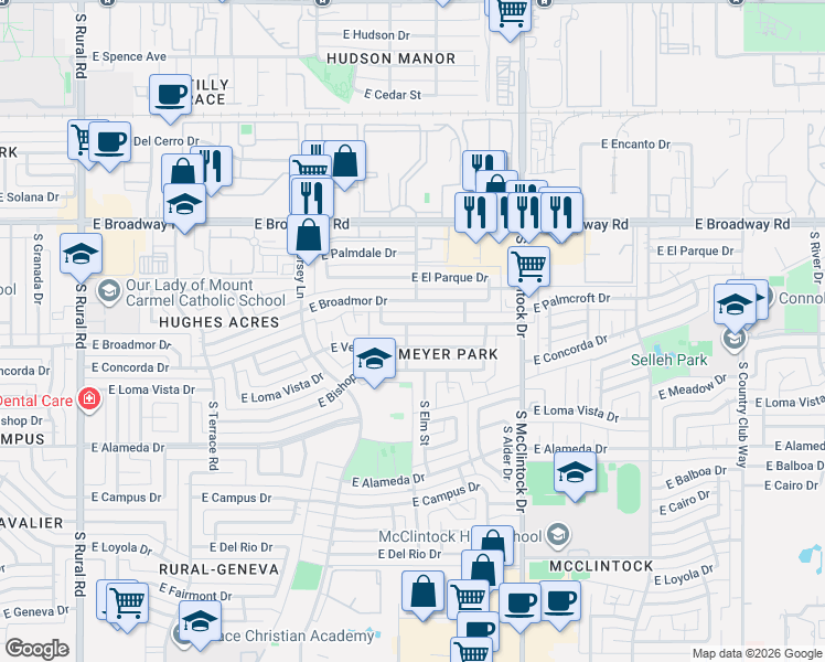 map of restaurants, bars, coffee shops, grocery stores, and more near 1604 East Verlea Drive in Tempe