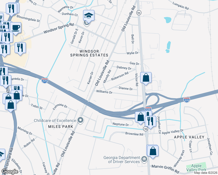 map of restaurants, bars, coffee shops, grocery stores, and more near 1934 Moore Road in Augusta