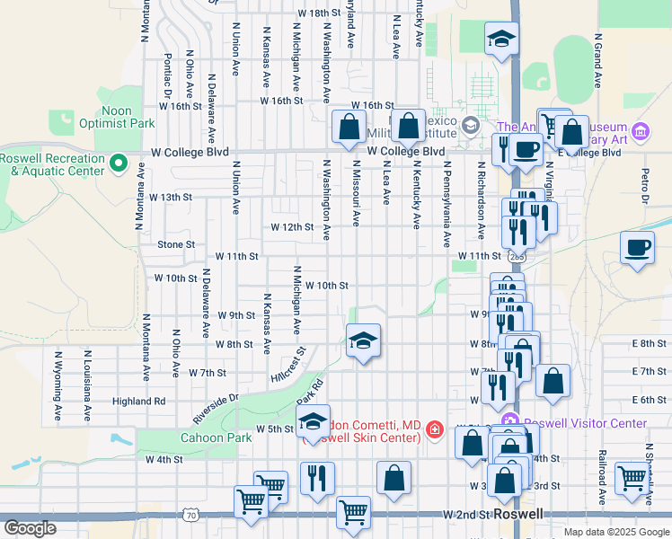 map of restaurants, bars, coffee shops, grocery stores, and more near 701 West 10th Street in Roswell