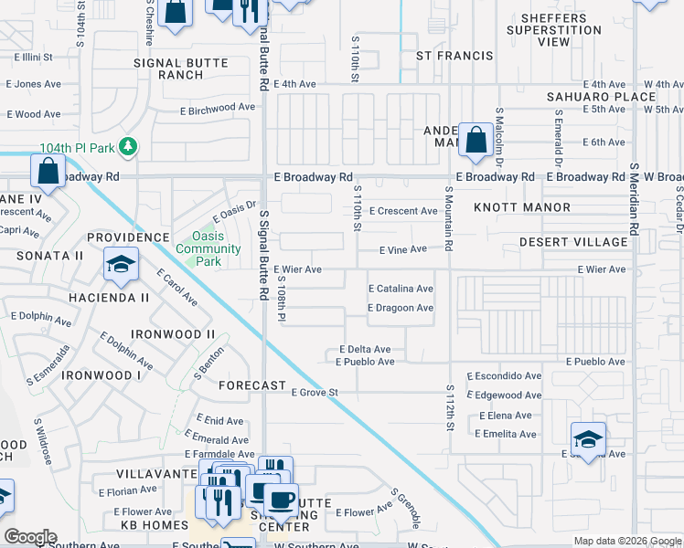 map of restaurants, bars, coffee shops, grocery stores, and more near 629 South Parkwood in Mesa