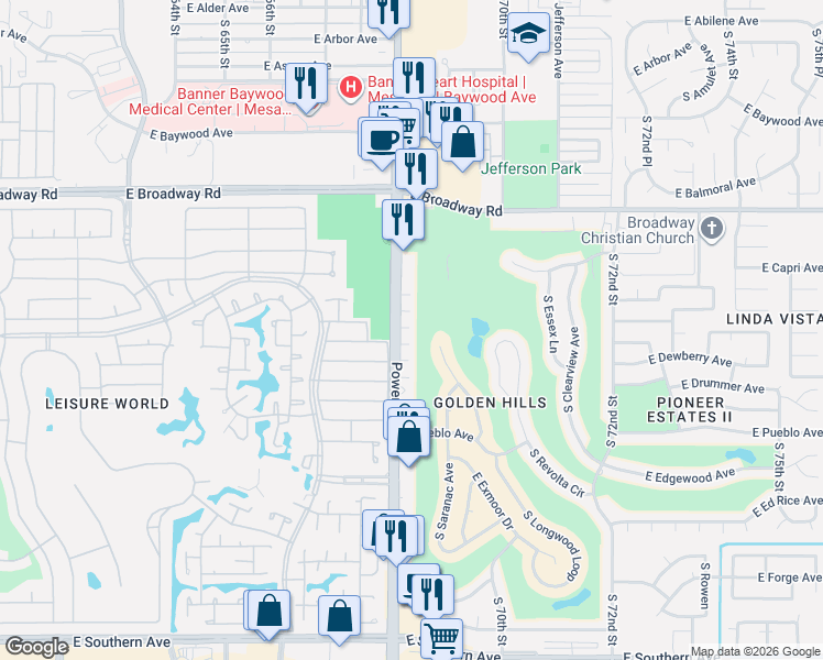 map of restaurants, bars, coffee shops, grocery stores, and more near 625 South Power Road in Mesa