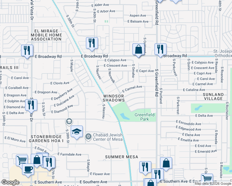 map of restaurants, bars, coffee shops, grocery stores, and more near 4025 East Carmel Circle in Mesa