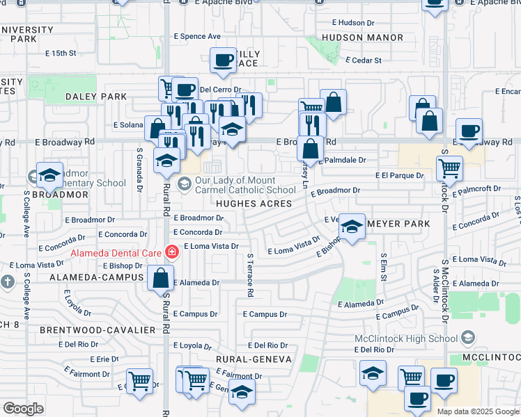 map of restaurants, bars, coffee shops, grocery stores, and more near 1107 East Broadmor Drive in Tempe