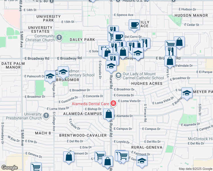 map of restaurants, bars, coffee shops, grocery stores, and more near in Tempe