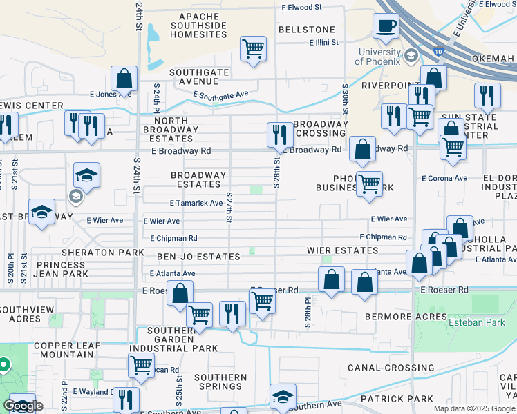 map of restaurants, bars, coffee shops, grocery stores, and more near 2728 East Wier Avenue in Phoenix
