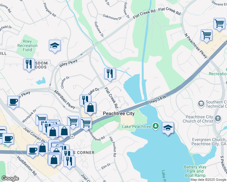 map of restaurants, bars, coffee shops, grocery stores, and more near 203 Ridgelake Drive in Peachtree City