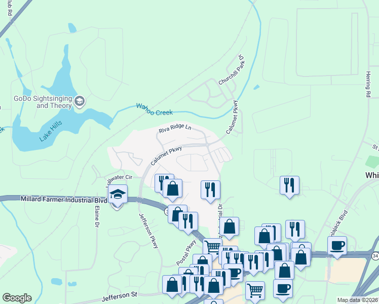 map of restaurants, bars, coffee shops, grocery stores, and more near 2602 Commonwealth Circle in Newnan