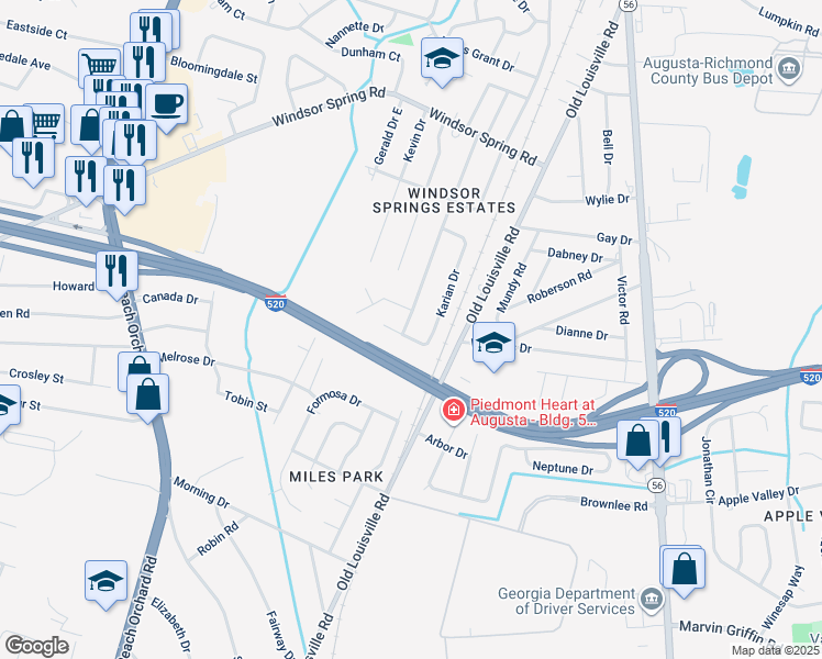 map of restaurants, bars, coffee shops, grocery stores, and more near 3332 Young Forest Drive in Augusta