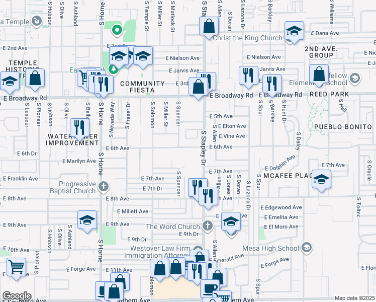 map of restaurants, bars, coffee shops, grocery stores, and more near 1118 East Dolphin Circle in Mesa