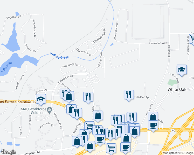 map of restaurants, bars, coffee shops, grocery stores, and more near 300 Brentwood Drive in Newnan