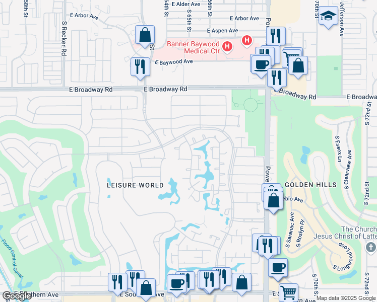 map of restaurants, bars, coffee shops, grocery stores, and more near 604 Leisure World in Mesa