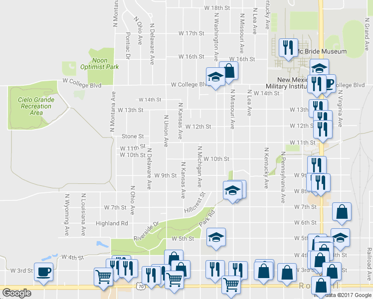 map of restaurants, bars, coffee shops, grocery stores, and more near 1011 North Kansas Avenue in Roswell