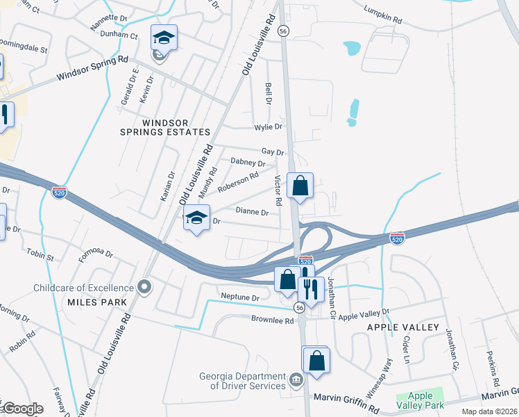 map of restaurants, bars, coffee shops, grocery stores, and more near 1912 Dianne Drive in Augusta