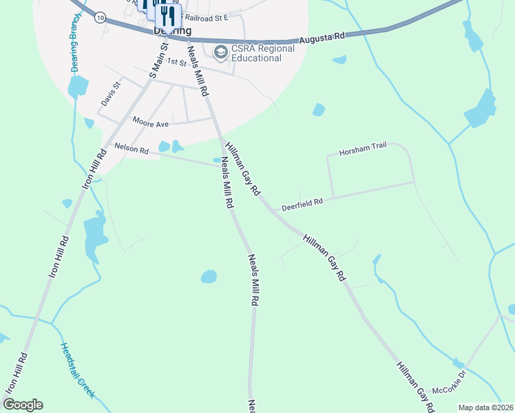 map of restaurants, bars, coffee shops, grocery stores, and more near 3501-3667 Hillman Gay Road in Dearing
