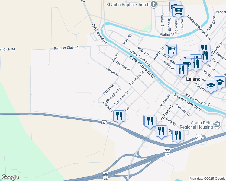 map of restaurants, bars, coffee shops, grocery stores, and more near 111-113 Plantation Drive in Leland