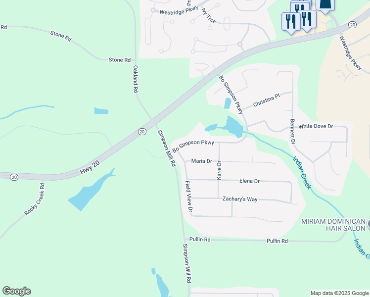 map of restaurants, bars, coffee shops, grocery stores, and more near 221 Bo Simpson Parkway in McDonough